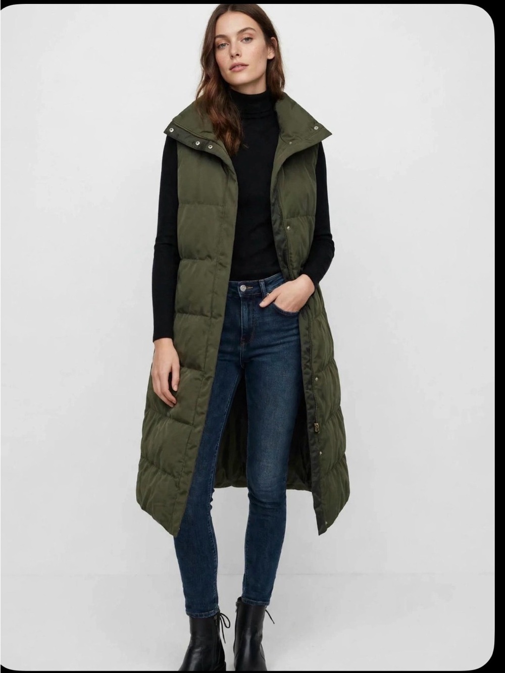 Theory Long Quilted Sleeveless Puffer Vest in Olive
